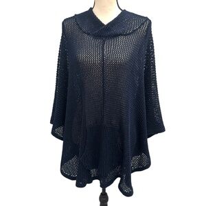 ROGAN NAVY BLUE PIMA COTTON OPEN KNIT OVERSIZED HOODED PONCHO WITH FRONT POCKET
